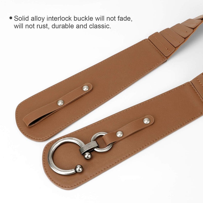 JASGOOD Wide Elastic Belts For Women Dresses Coats Brown Chunky Leather Belt With Vintage Interlock Buckle - Image 3